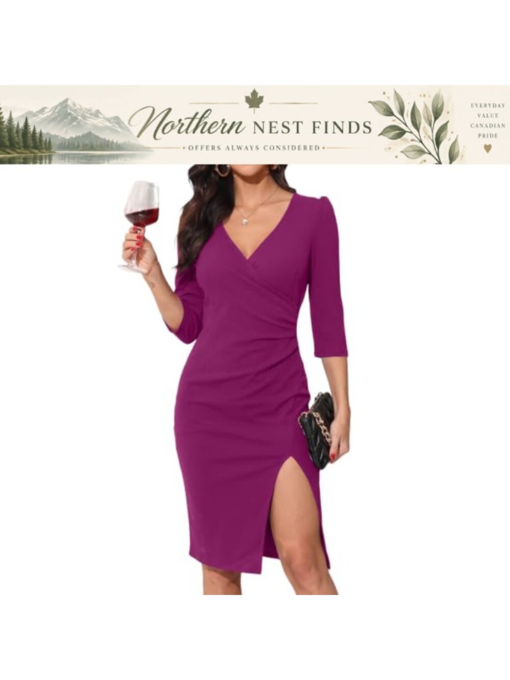 Women's V Neck 3/4 Sleeve Faux Wrap Bodycon Cocktail Party Dress